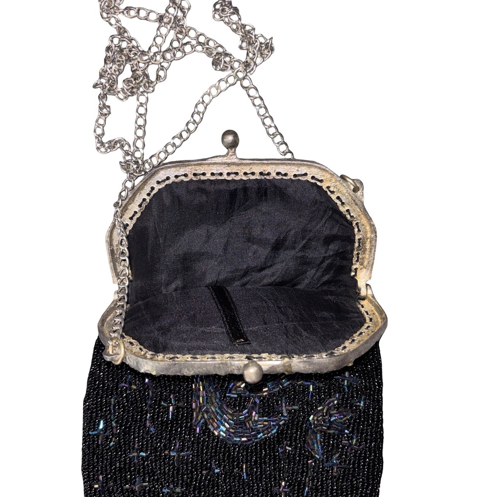 Vintage Beaded Evening Bag Black Iridescent Celestial Kiss Lock Fringe Purse - Picture 3 of 5